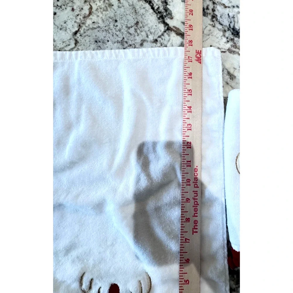 Jingles & Joy Reindeer NEW Hand Towels Set (2) Embroidered w/ Red Trim Pom Poms